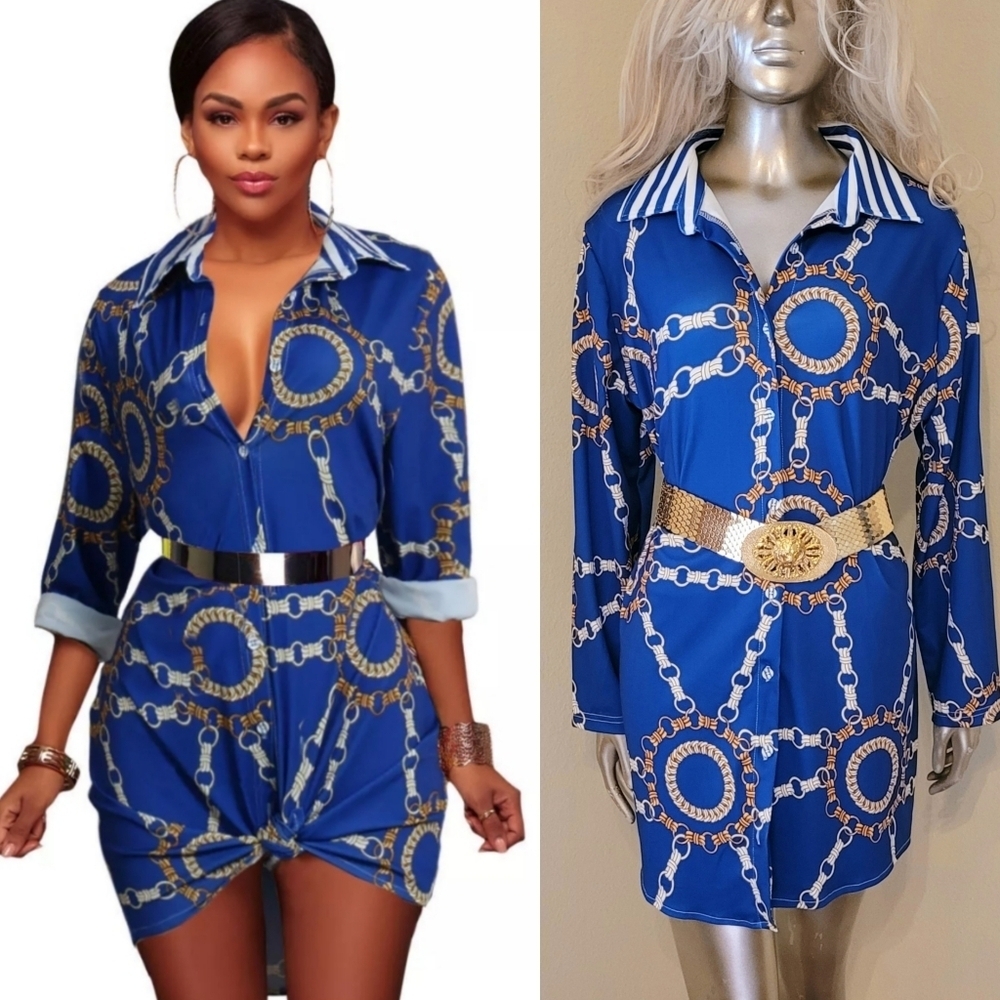 NWT Womens Fashion Turn Down Collar Chain Print Shirt Dress Sz Large